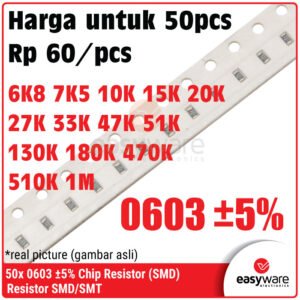 50pcs Resistor 0603 6K8 7K5 10K 15K 20K 27K 33K 47K 51K 130K 180K 470K 510K 1M Chip Resistor SMD 0603 5% 27 Ohm 33K Ohm