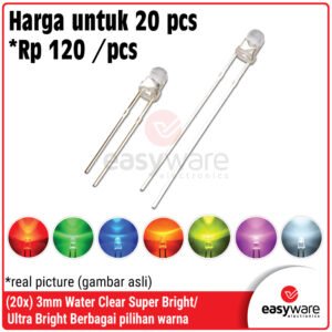 20x LED 3mm Super Bright Ultra Bright Color Red/Green/Blue/Yellow/White/Orange/Pink/UV/Yellow Green/Warm White Color Lens LED Water Clear 3 mm Merah/Hijau/Biru/Kuning/Putih LED F3 Bening Ultraviolet