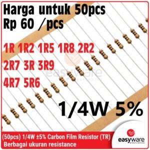 50x Carbon Film Resistor 1/4W 5% - Resistor Komponen Elektronika Berbagai Ukuran 1R 1R2 1R5 1R8 2R2 2R7 3R 3R9 4R7 5R6