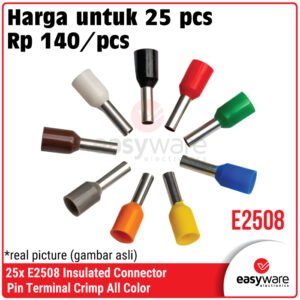 25pcs Crimp Terminal E2508 VE2508 Skun Insulated Ferrules Terminal Block Kabel Tusuk Skun Kabel Ferrules 2.5mm E2508