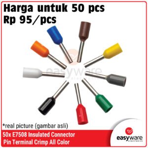 50pcs E7508 Insulated Pin Connector - Terminal Crimp Kabel Serabut Warna Merah, Hijau Biru, Kuning, Hitam, Putih, Abu, Oren