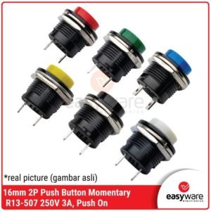 Push Button R13-507 16mm Round Saklar Tombol R13-507 2 Pin AC 250V 3A - Merah Hijau Biru Kuning Hitam Putih