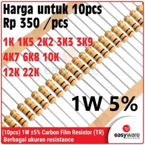 10x Carbon Film Resistor 1W 5% 1K 1K5 2K2 3K3 3K9 4K7 6K8 10K 12K 22K