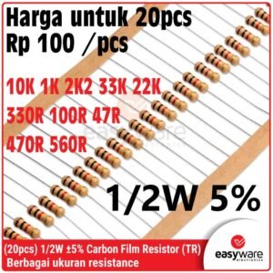20pcs Carbon Film Resistor 1/2W 5% 470R 10K 1K 330R 100R 2K2 33K 47R 560R 22K