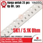 25pcs YAGEO Resistor Taiwan YAGEO 0603 SMD SMT 1% 5K1 10K 15K 22K 33K 47K 100K 100K Ohm 5.1K Ohm Chip Resistor - 5K1