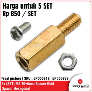 [5 Set] Spacer M3 10+6mm Gold Hex Kuningan + Mur & Baut - Standoff PCB ✅